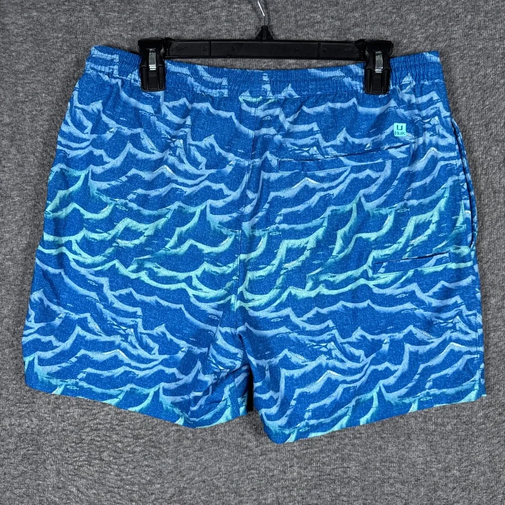 HUK Waves Volley Swim Trunk Shorts Mens Medium Blue Lined Drawstring Stretch